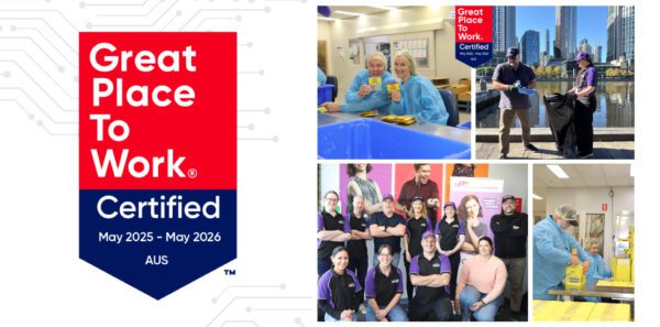 Collage with ANZRP Great Place to Work badge and images of team volunteering at Endeavour Foundation, Business Clean Up Day, and office event
