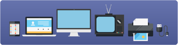 Illustrated row of electronic devices including a tablet, laptop, desktop computer, television and printer, used to explain what is e‑waste, what is computer waste and which items are accepted for battery recycling.