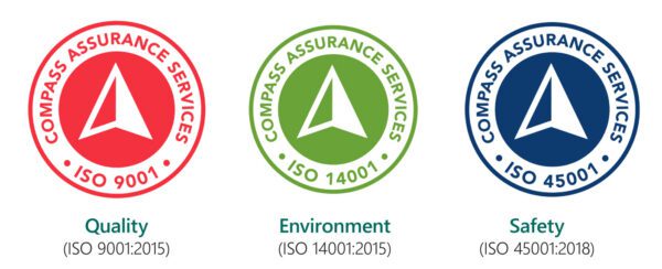 Three Compass Assurance Services logos for ISO 9001, ISO 14001, and ISO 45001 certifications on a white background.