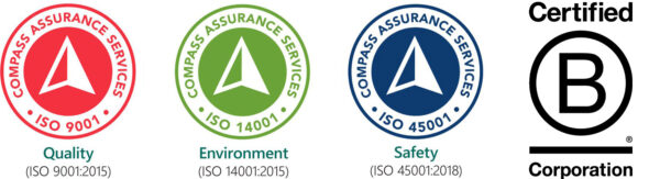 ISO 9001 Quality, ISO 14001 Environment, ISO 45001 Safety, B-Corporation Badges